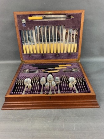 Vintage 78 Piece Plated & Bone Handled Cutlery Set in Silky Oak Box