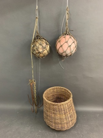 Vintage Fishermans Basket with 2 Floats & Anchor