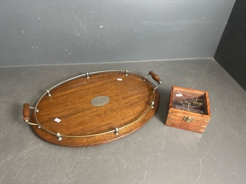 Kelvin and Hughes Brass Nautical Sextant - London 1917 and Timber and Brass Serving Tray - Smith Wylie and Co 1928