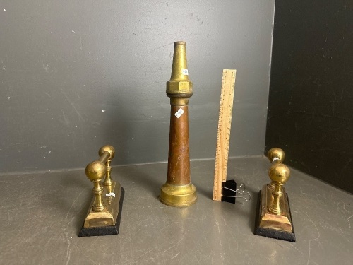 Brass Fire Nozzle and Set of Metal Firedogs