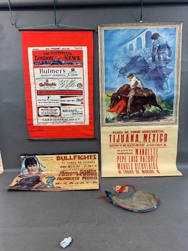 Collection of Bullfighting Posters, Tea Towel, Wine Pouch Etc