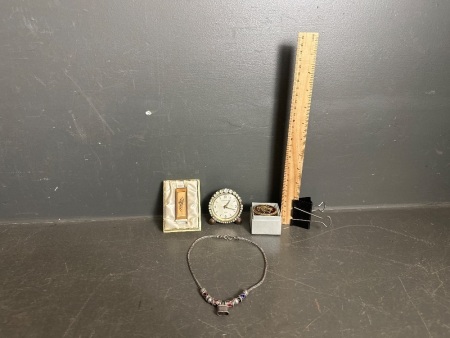 Mixed Vintage Collection Inc Enamel on Silver Bead Snake Chain Necklace - Pill Box Marked The Vatican Library Collection - Brass Lip Stick Case with Mirror and Desk Alarm Clock 