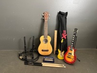 Large Lot of Music Equipment - Includes a Ohana HandCrafted Ukulele - Small Music Stand - 2x Drum Sticks