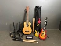 Large Lot of Music Equipment - Includes a Ohana HandCrafted Ukulele - Small Music Stand - 2x Drum Sticks - 2