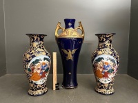 3x Royal  Blue and Gold Details Vases - 1x Large Vase Made in France - 2x Medium Sized Vases