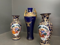 3x Royal  Blue and Gold Details Vases - 1x Large Vase Made in France - 2x Medium Sized Vases - 2