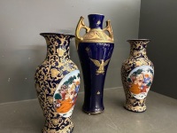 3x Royal  Blue and Gold Details Vases - 1x Large Vase Made in France - 2x Medium Sized Vases - 3