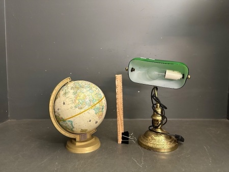 Office Desk Decor - Includes a Brass with a Green Shade  Desk Lamp and a World Globe