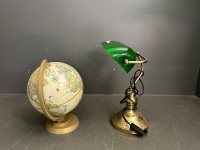 Office Desk Decor - Includes a Brass with a Green Shade  Desk Lamp and a World Globe - 2