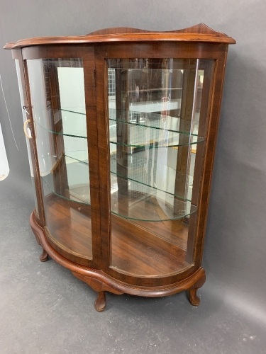 Antique Curved Glass Display Cabinet With 2 Shelves And Key 