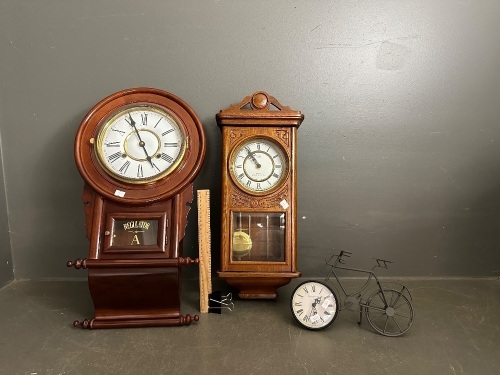 2x Antique Wooden Clocks - Includes 1x Coronet Series 200 Quartz Westminster Chime and 1x Battery Operated Clocks - Also Including 1x Bicycle Clock the Et Cie Paris