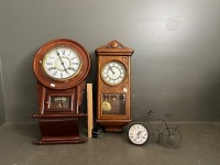 2x Antique Wooden Clocks - Includes 1x Coronet Series 200 Quartz Westminster Chime and 1x Battery Operated Clocks - Also Including 1x Bicycle Clock the Et Cie Paris