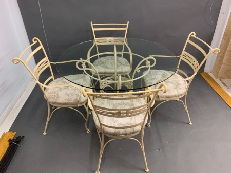 Heavy French Style Wrought Iron 5 Piece Setting with Heavy Glass Table Top