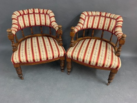 Pair of Beautifully Upholstered Antique Edwardian Tub Chairs on Original Castors