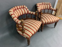 Pair of Beautifully Upholstered Antique Edwardian Tub Chairs on Original Castors - 3