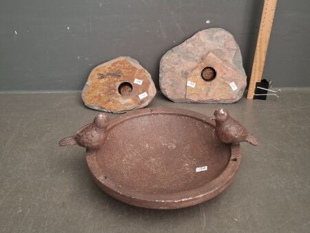 Bird Feeder & Pair Rock Art Flower Holders