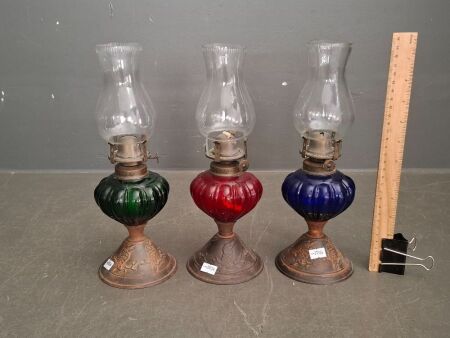 Three Lithgow Lamps Kookaburra Metal Base Oil Lamps