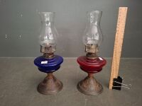 Pair Lithgow Lamps Kookaburra Metal Oil Lamps - Blue & Red