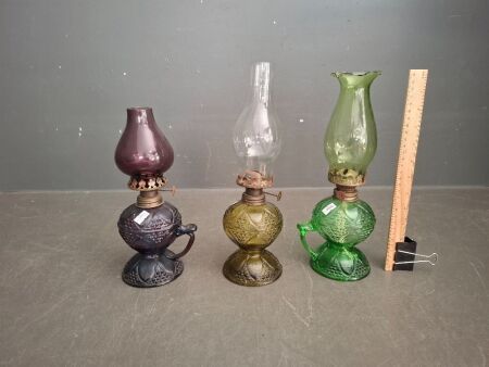 2 Vintage Finger Oil Lamps & 1 Amber Glass Lantern