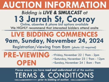 AUCTION INFORMATION: Bidding is live at 13 Jarrah St, Cooroy, 4563 & online via web feed (simulcast) - It is recommended that interested bidders attend the auction onsite | BIDDING COMMENCES: 9am, Sunday, November 24, 2024, Registration from 8am (photo I.