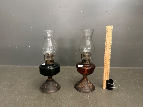 Pair Lithgow Lamps Metal Base Kookaburra Metal Base Oil Lamps