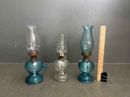 Three Vintage Oil Lamps 1 Finger Lamp Blue & Clear Glass