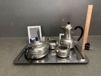 Hand Beaten English Pewter 5 Piece Tea Set - Also Includes 2 Frames and Napkin Rings