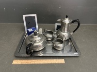 Hand Beaten English Pewter 5 Piece Tea Set - Also Includes 2 Frames and Napkin Rings - 2