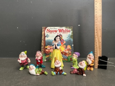 Snow White and the 7 Dwarves Figurines - Marked Walt Disney Productions made in Japan - Comes with the Snow White Little Golden Book