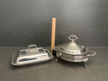 2x Sliver Plate and Glass Serving Dishes