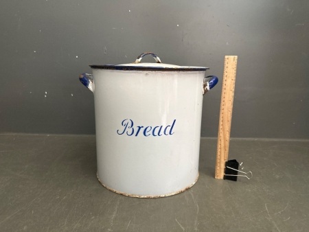 Vintage Rustic Farmhouse White and Blue Enamel Metal Bread Bin Box Tin Large