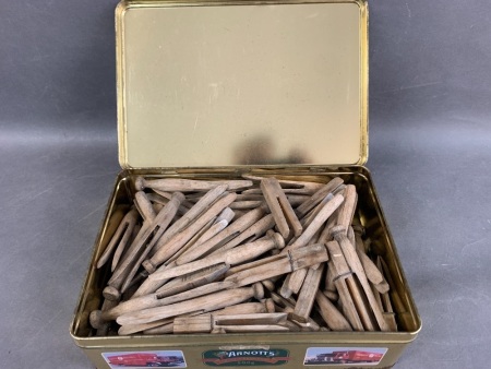 Tin of Vintage Timber Dolly Pegs
