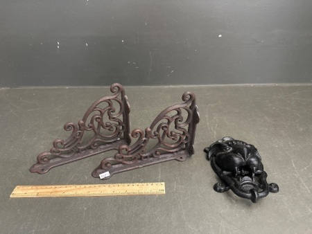 Pair of Cast Iron Wall Brackets and Lion Door Knocker