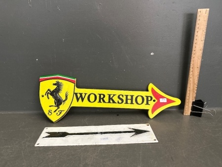 2 Cast Iron Signs - SF Workshop Arrow - White and Black Arrow