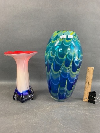 Tall, Heavy Blue Art Glass Vase + Tulip Art Glass Vase