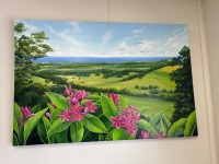 Pink Frangipanis on Rolling Hills with Ocean View by D Blackman