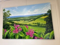 Pink Frangipanis on Rolling Hills with Ocean View by D Blackman - 2