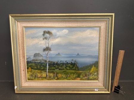 The Glass House Mountains Oil on Board signed R Hunz