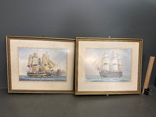 Two Original Water Colours of Frigates by Colin Ashford