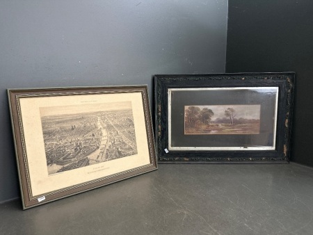 2x Vintage Prints - 1x Farm Painting and 1x Paris Sketch