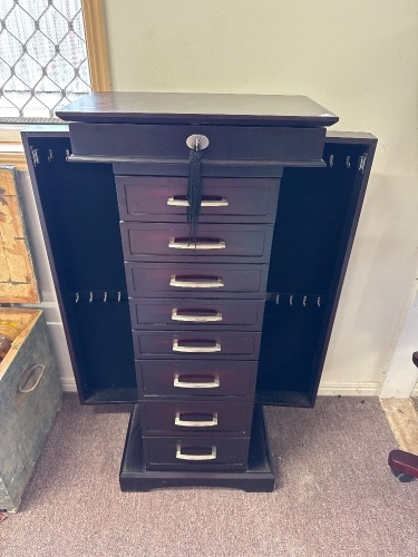 Modern Tall Standing 8 Draw Jewellery Cabinet - Lockable Lidded Top Shelf with Beveled Mirror