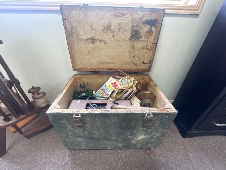 Vintage Wooden Storage Box - Filled with Miscellaneous Items