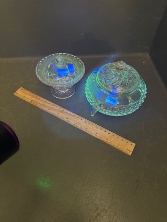 Pair Lidded Manganese Glass Dishes