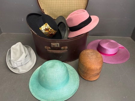 Vintage Hat Box including a Wooden Hat Block and Mixed Lot of Costume Hats