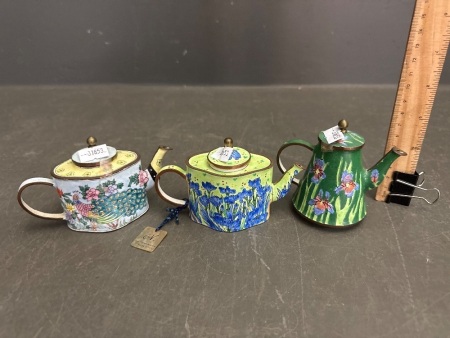 3x Trade Plus Aid Hand Painted Enamel Mini Tea Pots