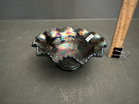 1930s Black Carnival Glass Ruffled Edge Bowl