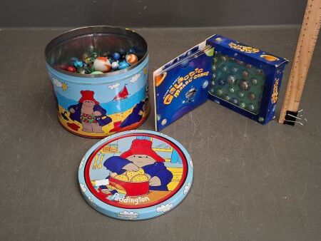 Vintage Paddington Tin of Assorted Marbles and Galactic Marble Boxed Set