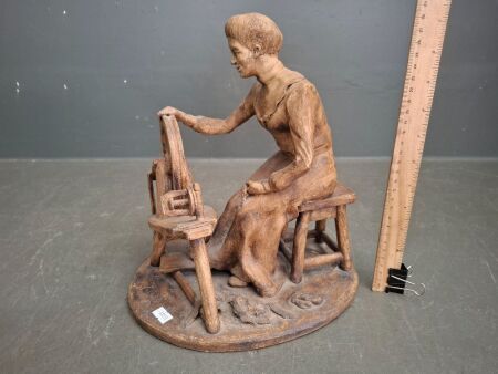 Antique Ceramic Lady using Spinning Wheel Figurine - Signed RVC