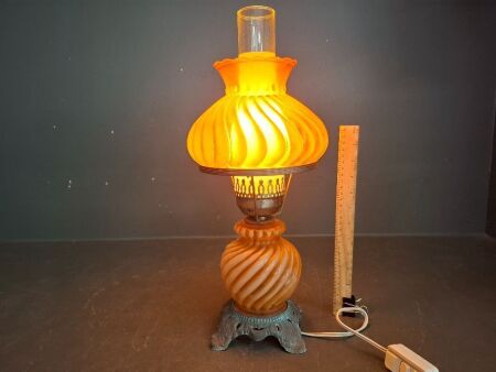 Vintage Brass and Peach Coloured Glass Hurricane Electric Lamp 