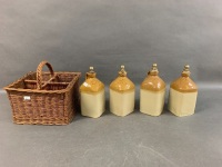 Rare Set of 4 Antique Stoneware Spirit Decanters in Woven Carry Case